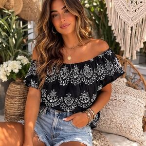 Adiva Black & White Embroidered Cotton Blend Off-Shoulder Boho Peasant Top